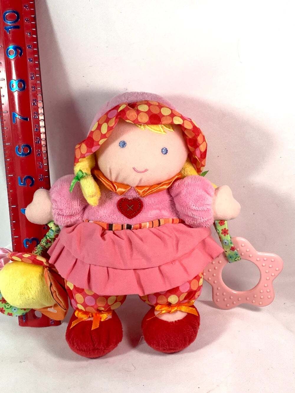 CARTERS PINK PLUSH DOLL RATTLE TEETHER LOVEY PLUSH BLONDE HAIR BRAIDS